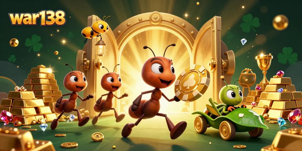 Experience the excitement of war138 with ants heisting a golden poker chip in a thrilling casino scene.
