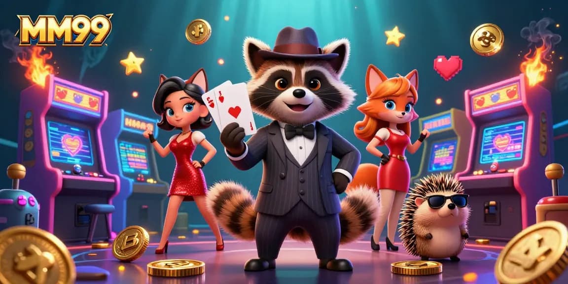 Experience the thrill of MM99 with vibrant casino games featuring a raccoon and friends.