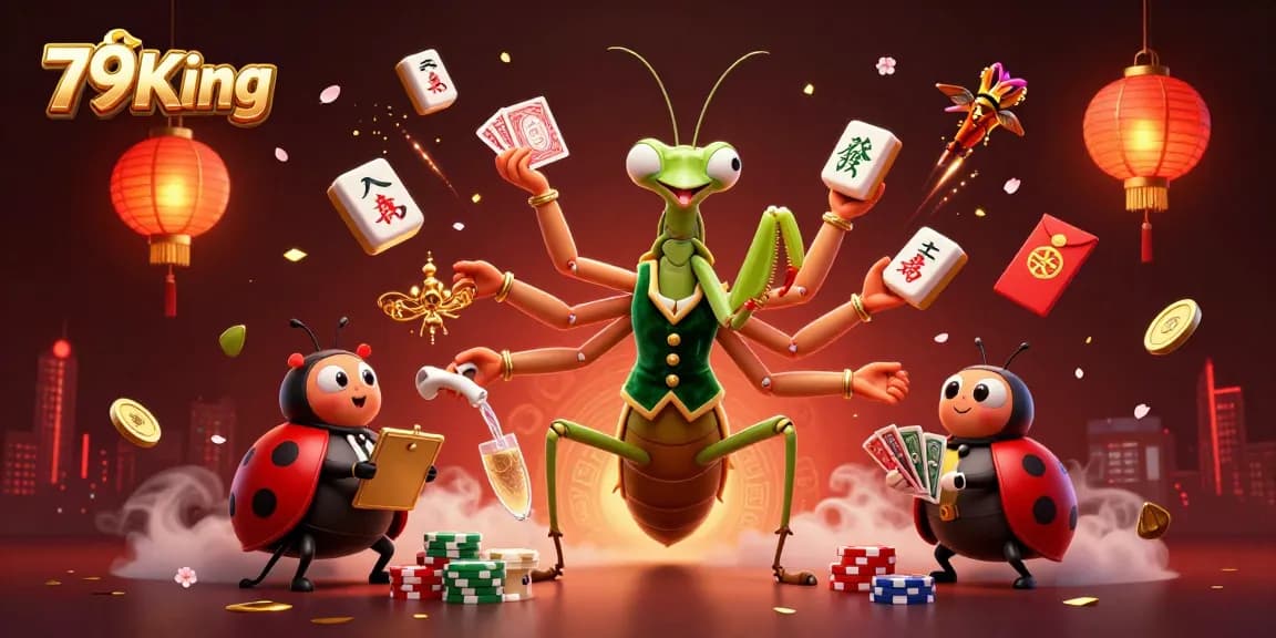 79King's vibrant casino scene features a giant mantis card sharp amidst colorful game elements.