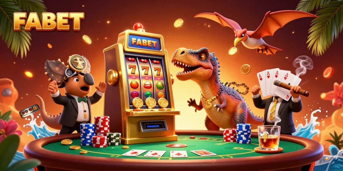 FABET jackpot success with a dinosaur theme, featuring slot machine action.