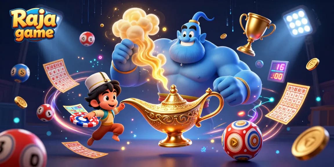 Engage in thrilling lottery games on Raja game with vibrant 3D illustrations of winning elements and characters.
