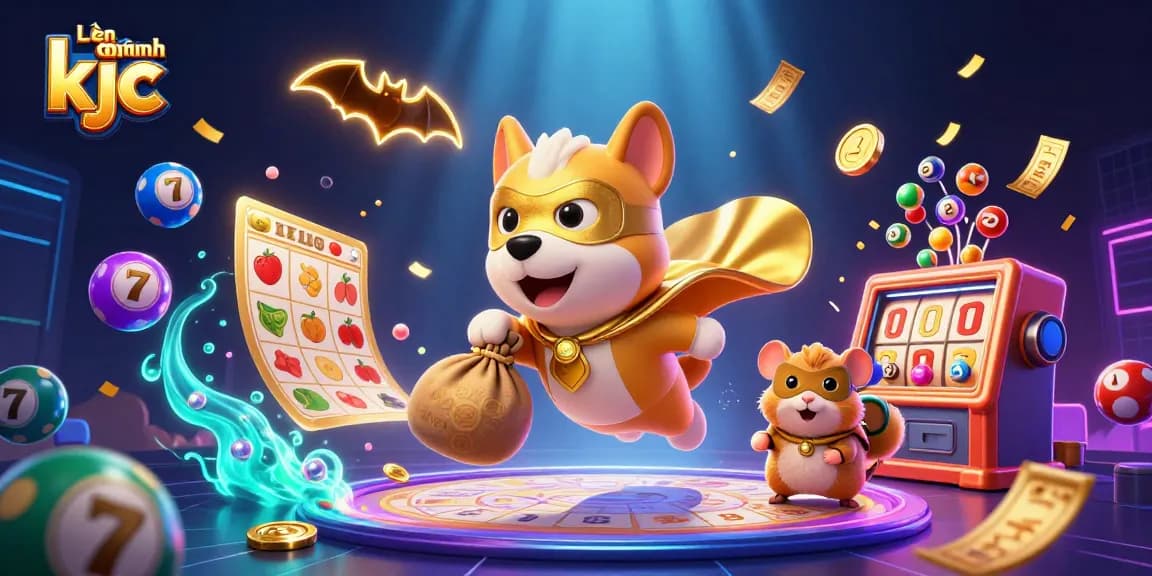 Experience the excitement of Liên minh kjc as the superhero dog soars while carrying gold coins amidst colorful lottery elements.