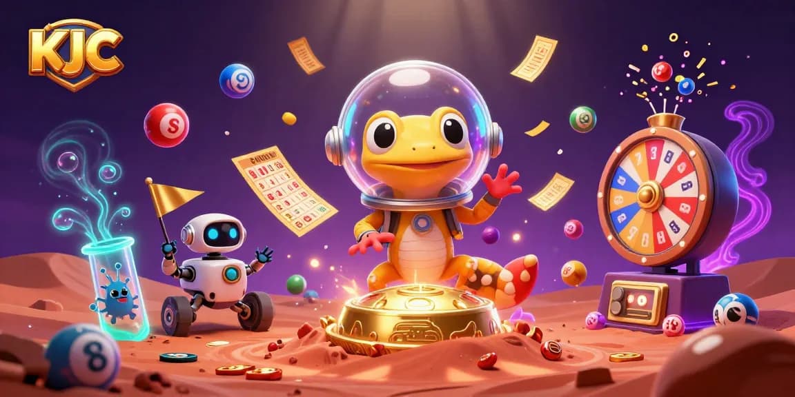 KJC Martian gecko explores futuristic casino, surrounded by vibrant lottery elements.