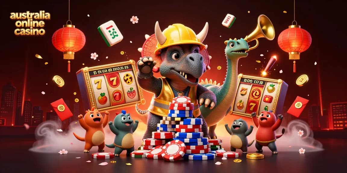 Experience the excitement of the australia online casino with vibrant characters and slot reels in this festive scene.
