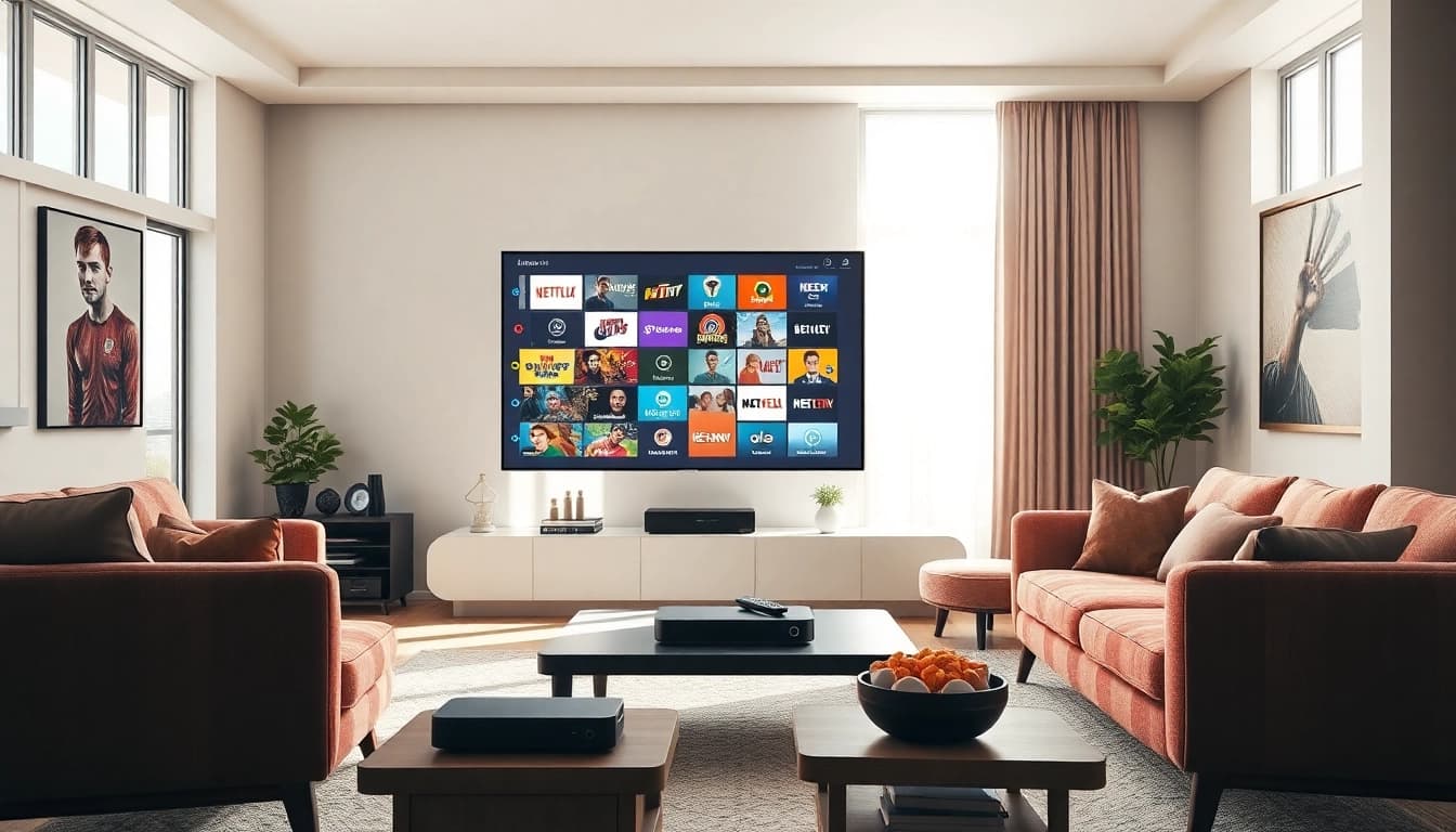 Experience the iptv free trial with vibrant channels in a modern living space featuring high-definition quality.
