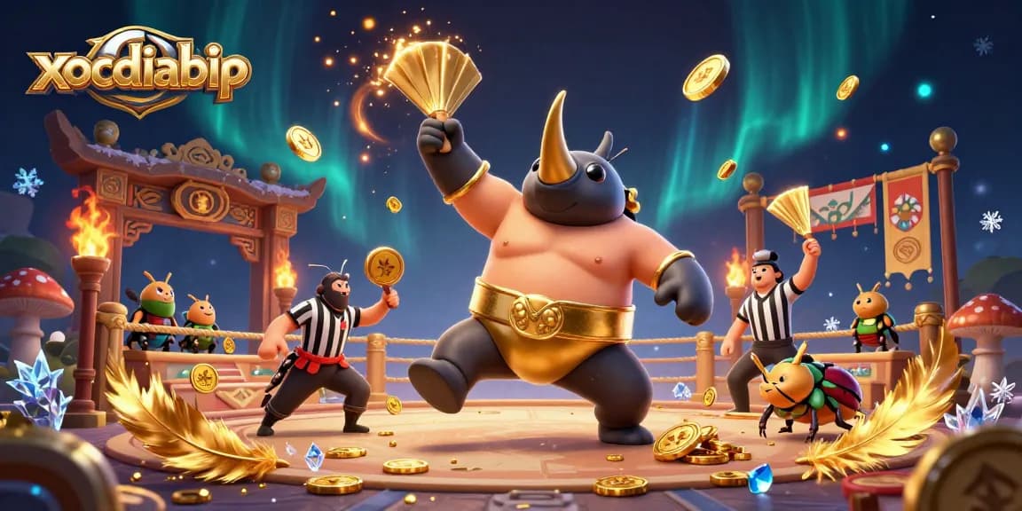 xocdiabip engages in a thrilling sumo showdown with a rhinoceros beetle, while coins and feathers swirl in the air.