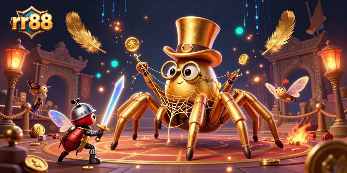 rr88's dynamic casino scene showcasing a golden tarantula and beetle knight, capturing thrilling action
