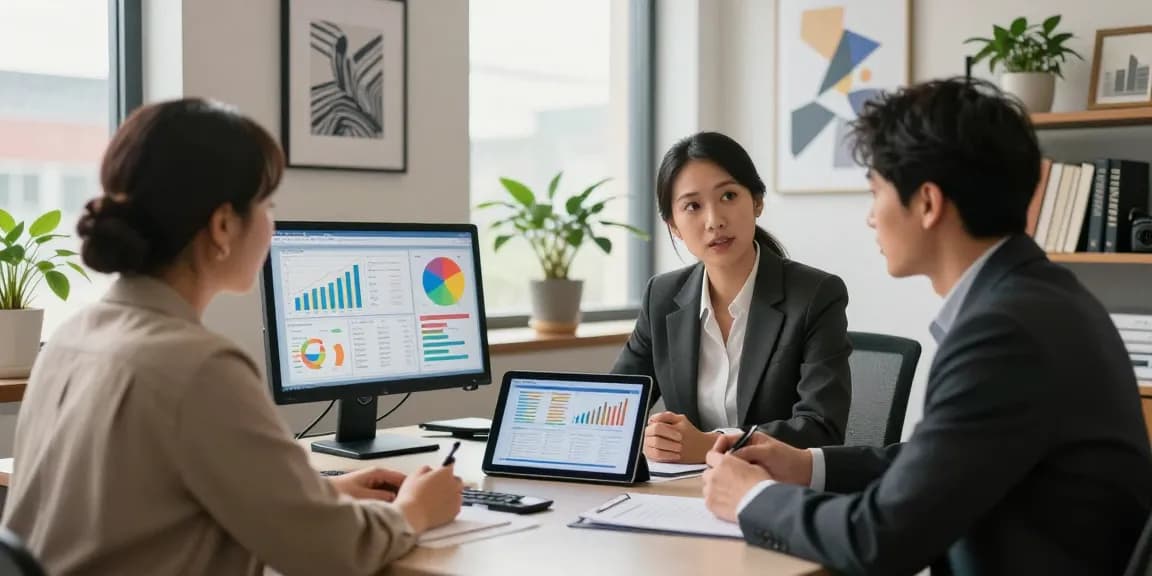 Financial Advice Gold Coast consultation in a modern office with advisors assisting clients.