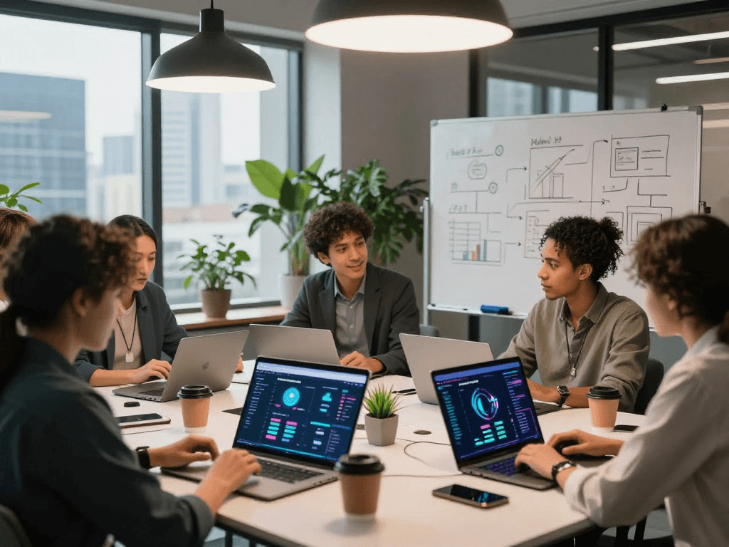 KYBER-SWAP showcases a collaborative DeFi trading environment with diverse team members analyzing market data.