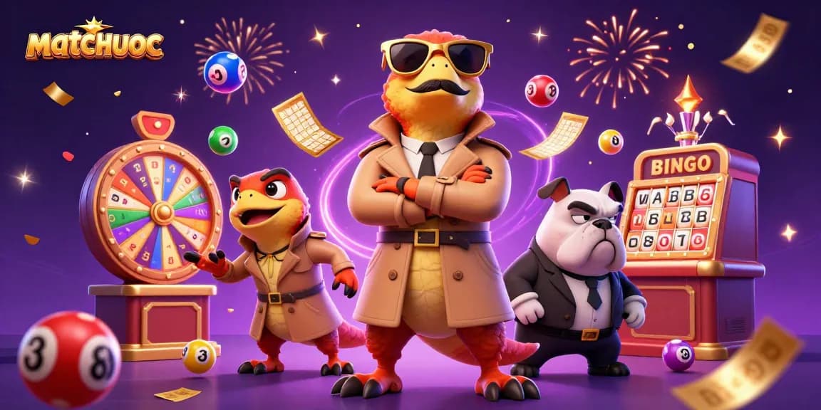 Three cartoon raptors, dressed for the casino, advance toward a VIP lounge, highlighting matchuoc.