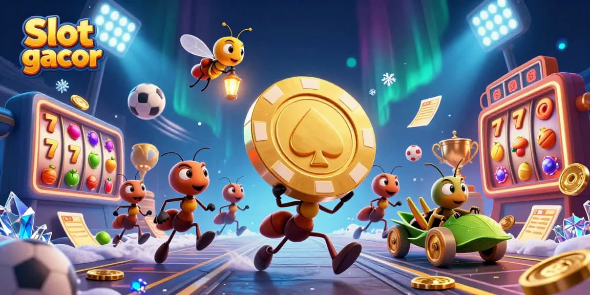 Engage with Slot gacor through thrilling 3D illustration of ants heisting a giant poker chip with vibrant casino elements.