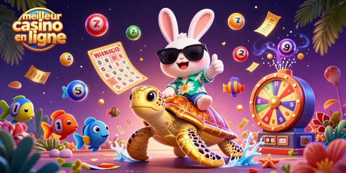 Gagnez avec le meilleur casino en ligne, illustration ludique de chance au loto et billets dorés.