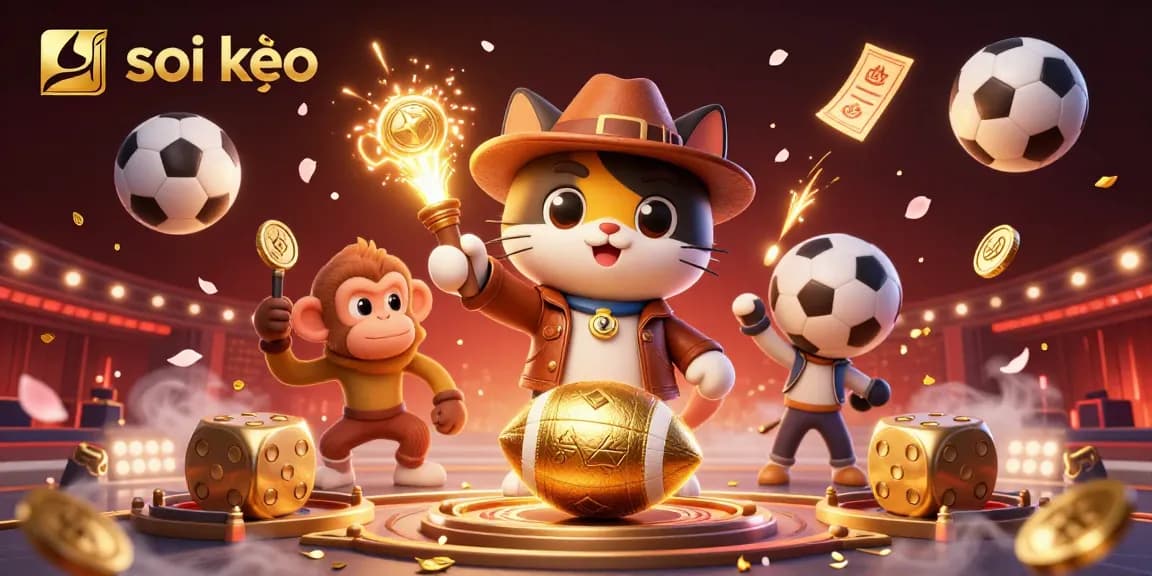 Experience thrilling soi kèo action with a golden football artifact as an explorer cat and monkey uncover sports betting treasures.