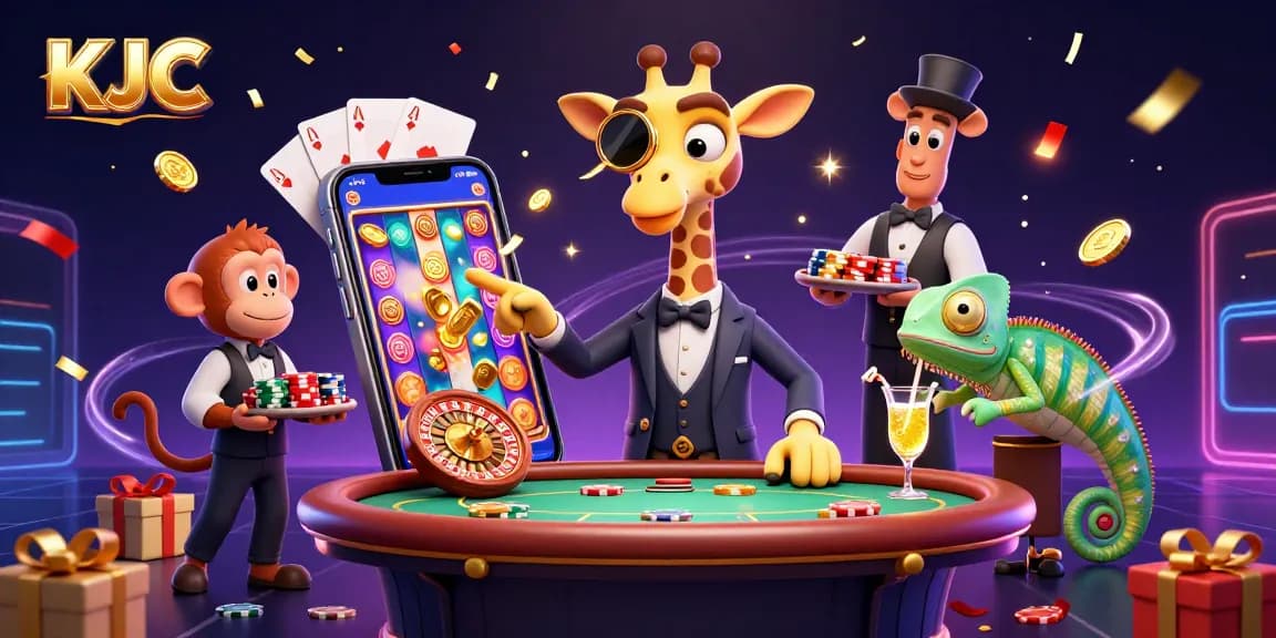 KJC offers dynamic casino thrills with high-roller giraffe, monkey valet, and cocktail-making chameleon in an energetic scene.