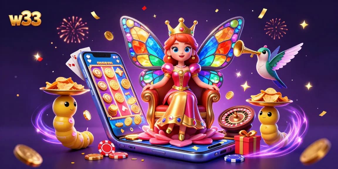 Experience the vibrant w33 pokies scene with a butterfly queen, casino elements, and celebratory confetti.