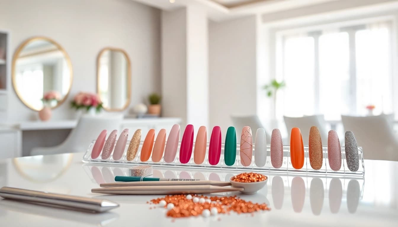 Beautician applying nail extensions with intricate designs and vibrant colors.