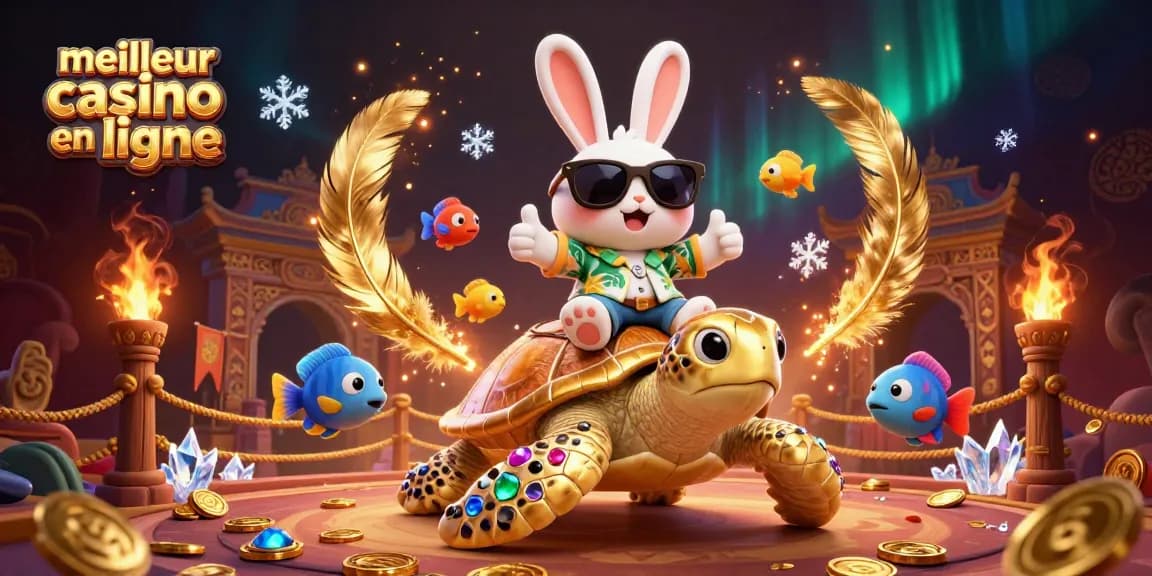 Profitez du meilleur casino en ligne avec un lapin chanceux et une tortue dorée nageant parmi des poissons tropicaux.
