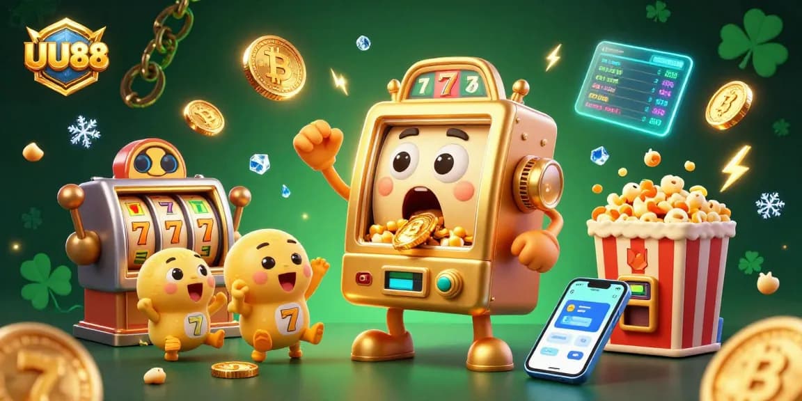 UU88 slot machine hitting a jackpot, celebrating with coins pouring out, surrounded by Bitcoin coins and a popcorn machine.