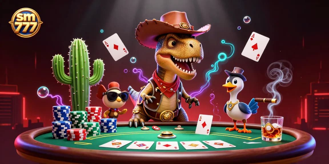 Engage with the lively scene of sm 777, where a cowboy dinosaur plays poker amidst vibrant casino elements.