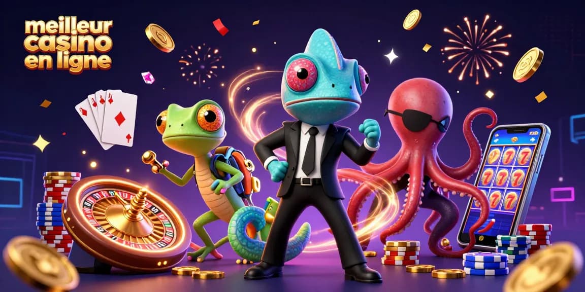 Illustration captivante du meilleur casino en ligne avec des personnages colorés et des jeux de casino dynamiques.