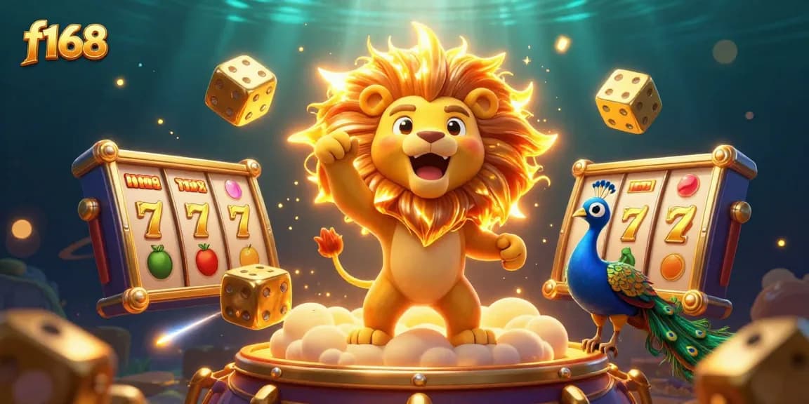 Experience the thrill of f168 with a roaring lion and golden games in a vibrant casino atmosphere.
