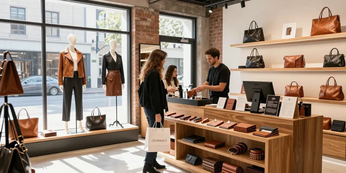 A customer exploring leather products in a vibrant store, featuring various leather goods like handbags and wallets in a stylish retail environment, emphasizing the keyword slot.