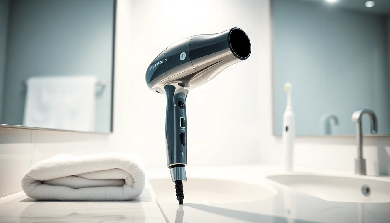 Show a high-speed hair dryer from the Laifen website showcased on a modern countertop.