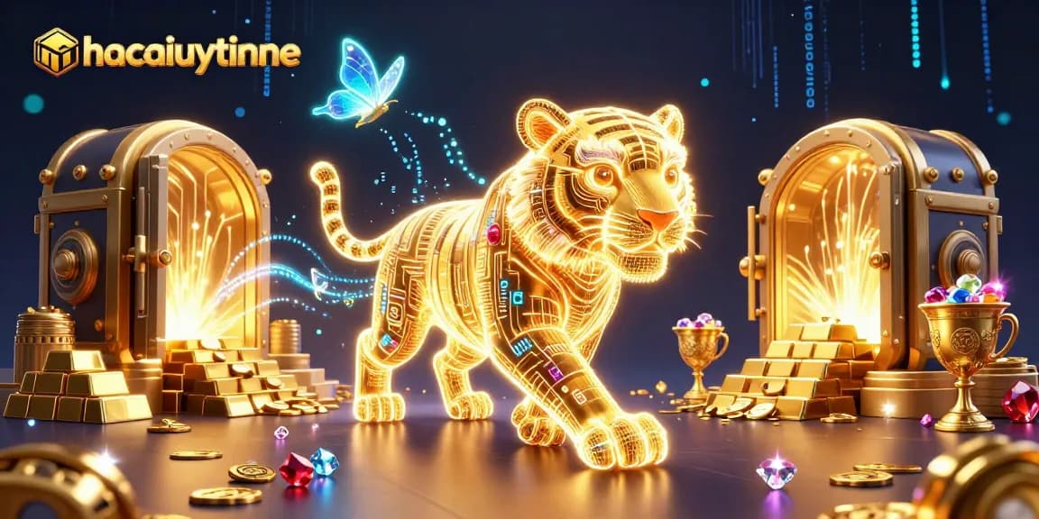 Experience the thrill of gaming with nhacaiuytinne in a digital casino setting filled with golden treasures and vibrant energy.