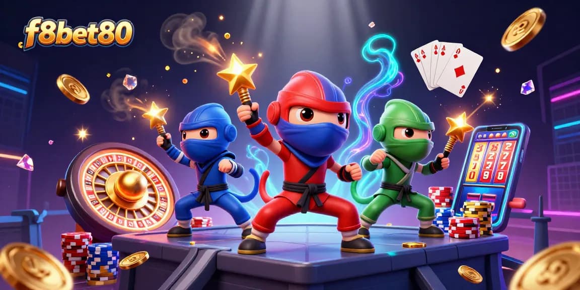 Experience thrilling action at f8bet80 with colorful chameleons in a vibrant casino setting, showcasing synchronized poses.