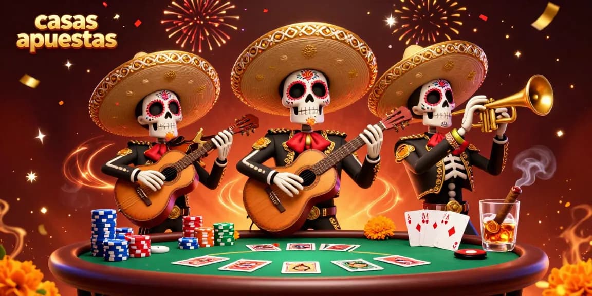 Vibrante ilustración de casas apuestas con calaveras y elementos de juego, ofreciendo emoción a los apostadores.