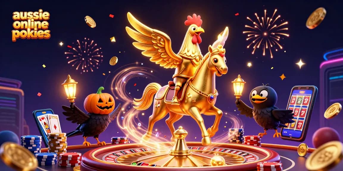 Aussie online pokies action scene with a golden rooster, spectral horse, and pumpkin-headed crows amidst casino elements.