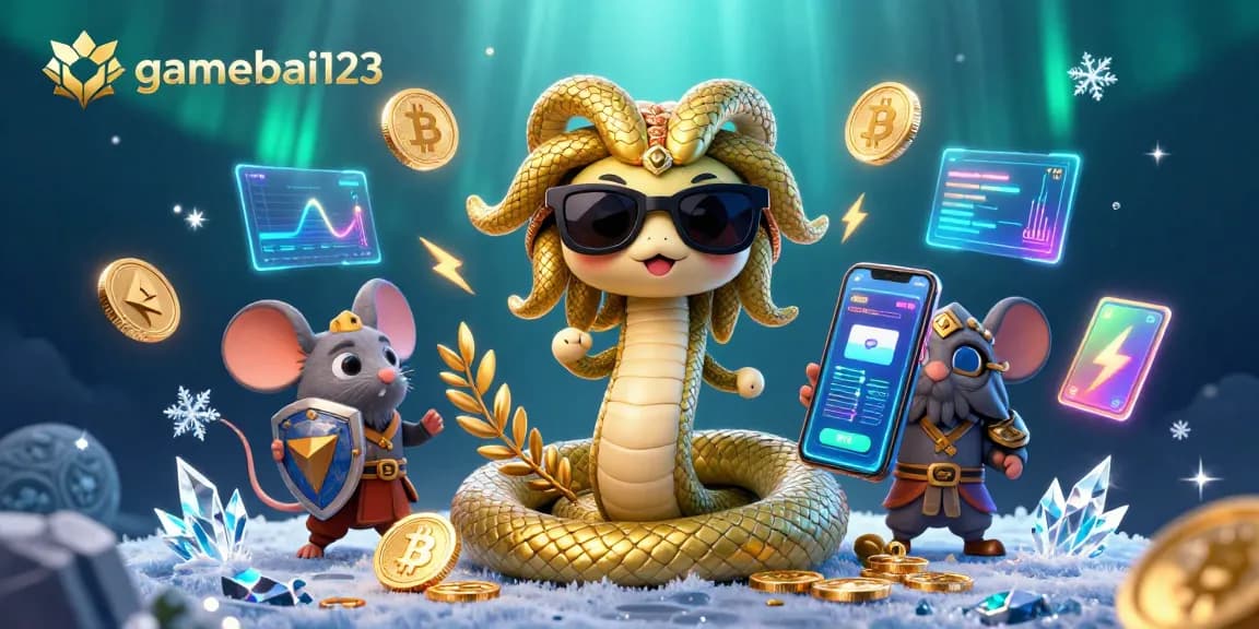 Experience the excitement of gamebai123 with friendly characters and illuminating crypto elements in an engaging, casino-themed scene.