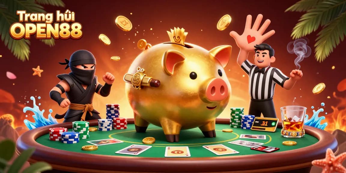 Engage with the thrilling action of Trang chủ OPEN88, showcasing a triumphant sumo piggy bank surrounded by poker elements.