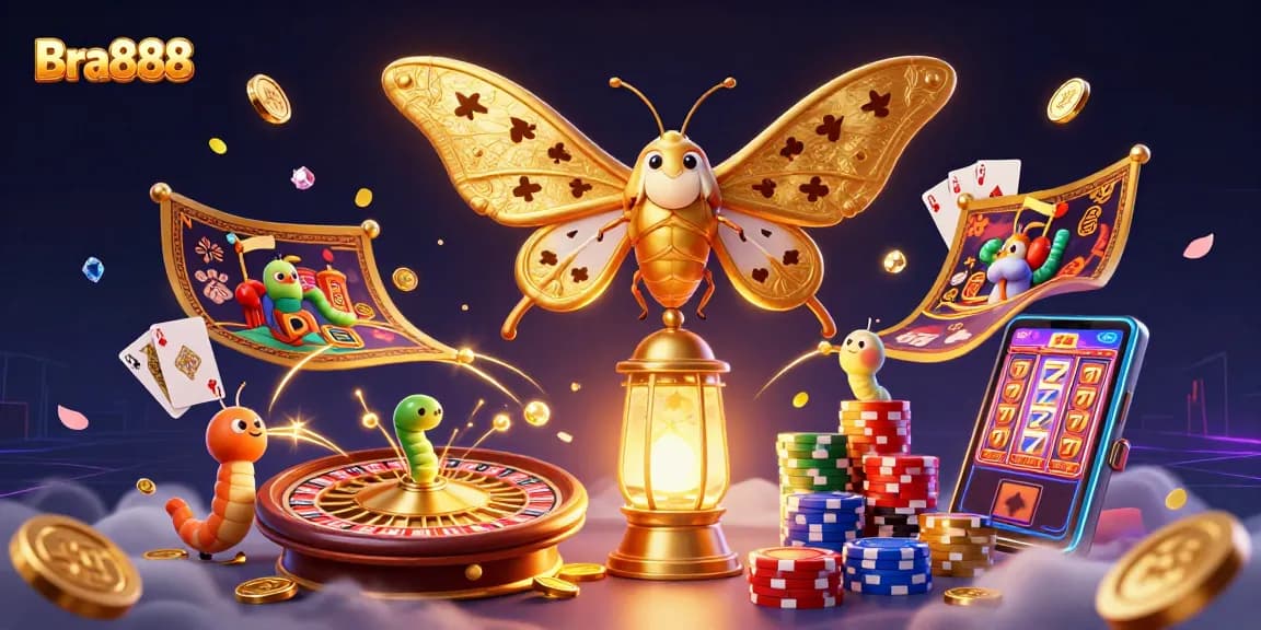 Experience thrilling gameplay with Bra888 as the golden atlas moth unveils a vibrant casino scene.