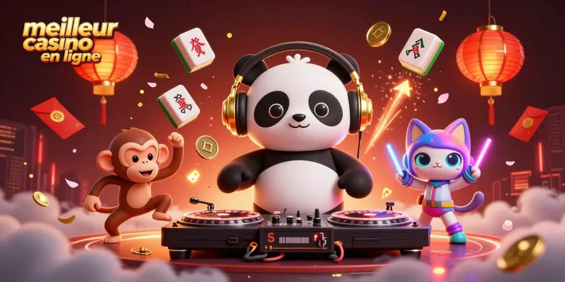 Illustration vibrante représentant un DJ panda sur un meilleur casino en ligne, avec des éléments de jeux flottants