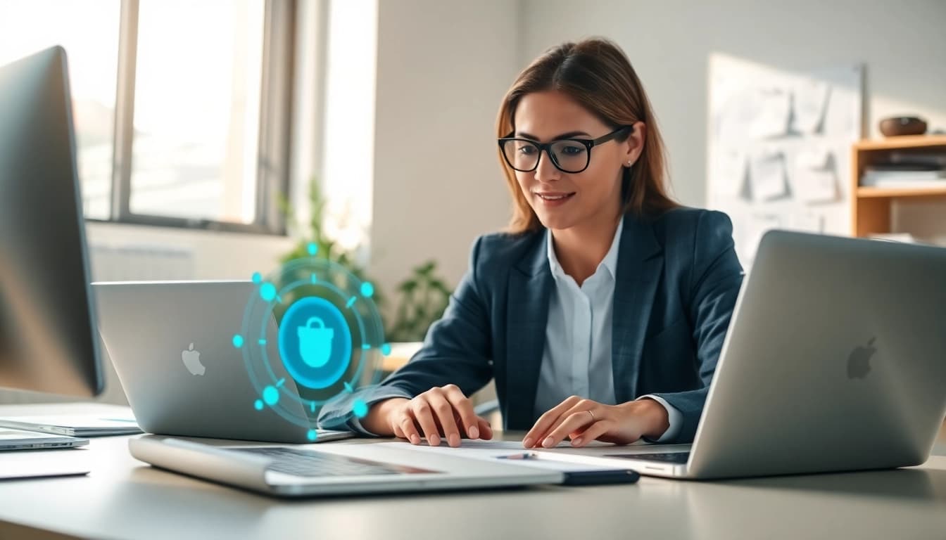 AI that replies to scheduling emails assisting a professional in a bright office.