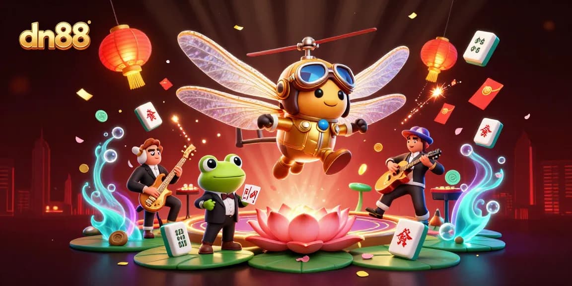 Experience the excitement of dn88 with a dynamic casino scene featuring a dragonfly pilot and frog dealer.