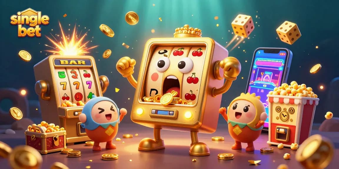 Win big with single bet action depicted in a vibrant casino illustration featuring joyful slot machines.