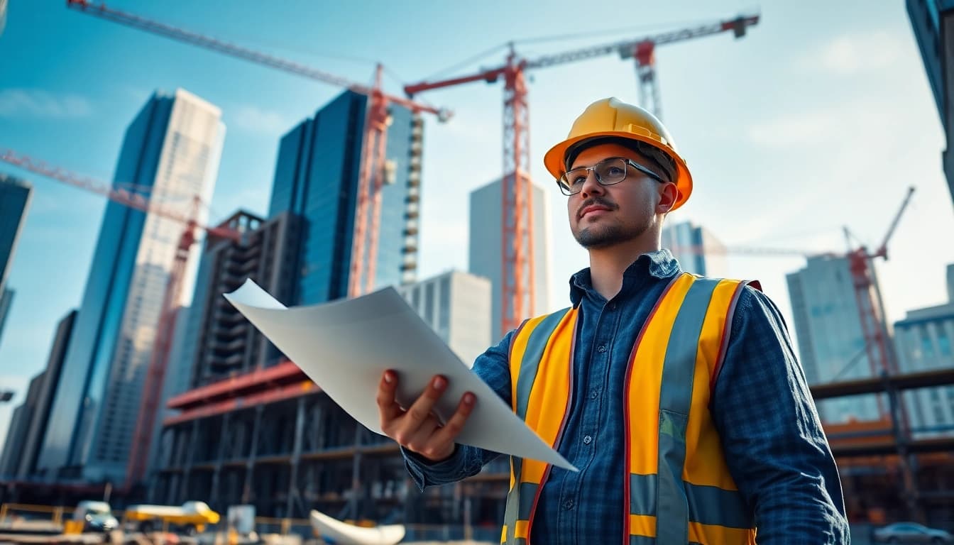 New York Commercial General Contractor directing a construction site with city skyline backdrop.