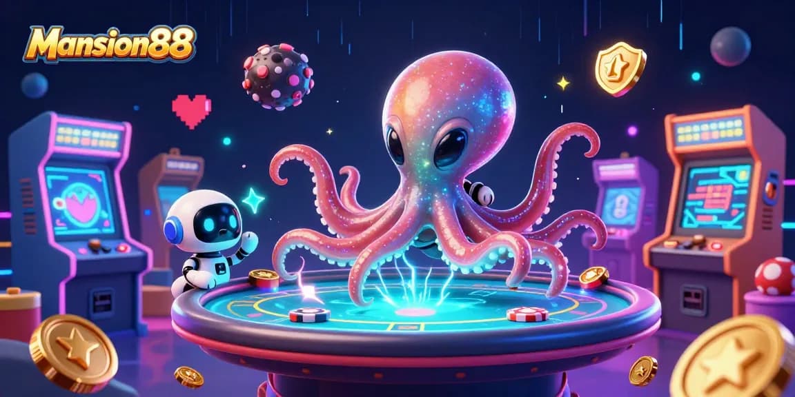 Mansion88 showcases an alien octopus excitedly dealing poker chips at a cosmic casino.