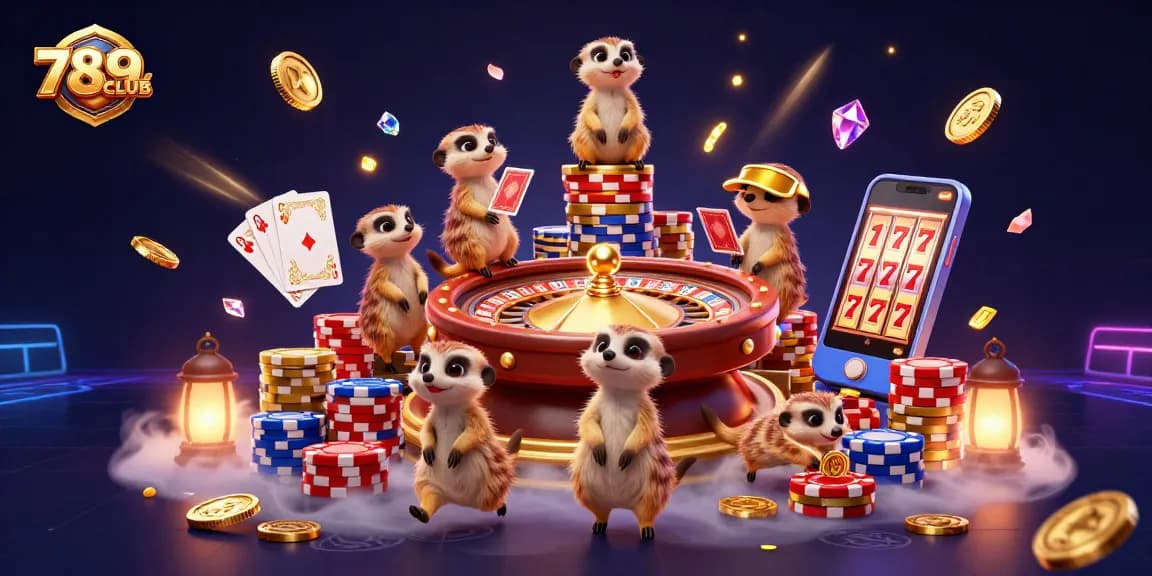 Experience exciting gameplay at 789CLUB with a vibrant casino scene featuring charming meerkats and engaging game elements.