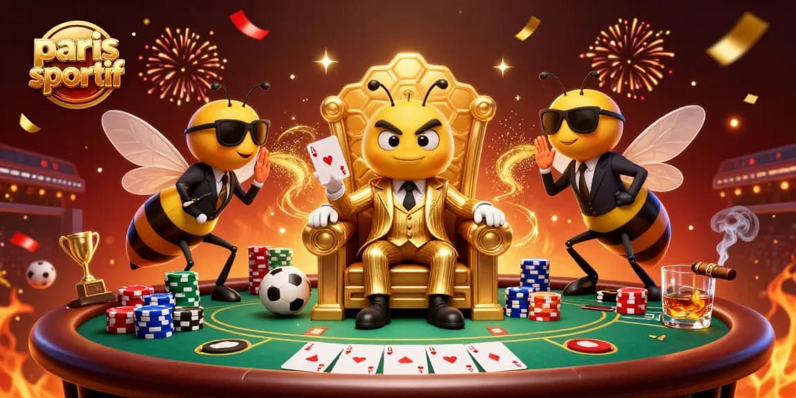 Paris sportif : mise en scène dynamique de personnages de casino entourés d’éléments de paris sportifs et de poker