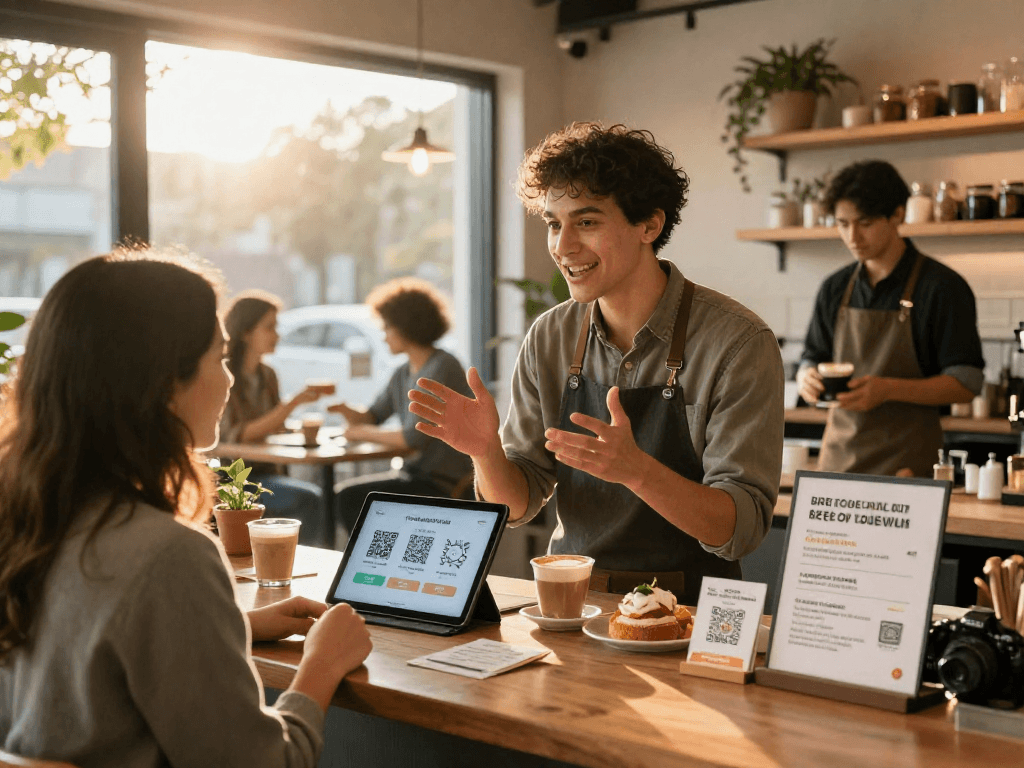 Small business café scene highlighting customer loyalty with a QR-based app, showcasing rewards engagement.