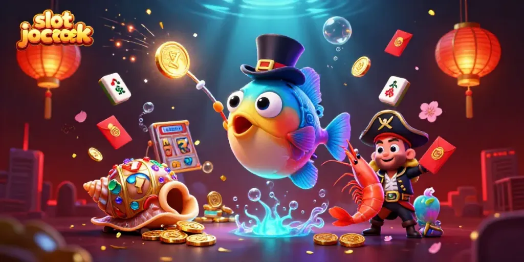 Memenangkan slot jackpot dengan ikan angler yang imut menarik koin emas di kasino