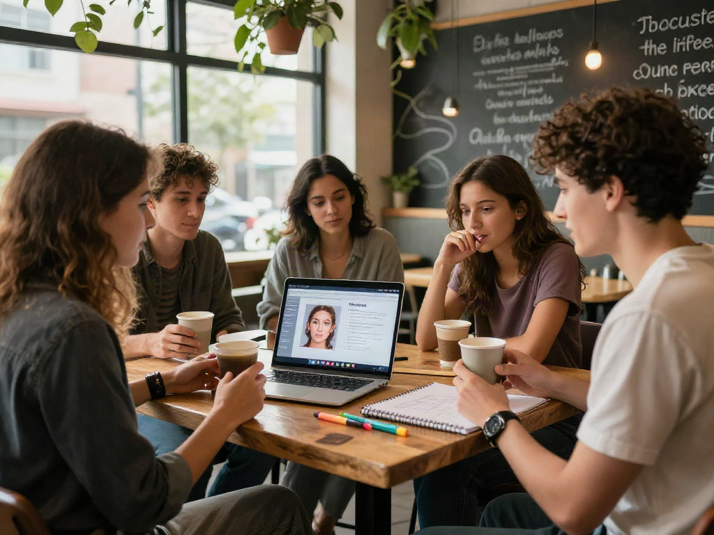 Group of friends discussing their attractiveness test results at a coffee shop.