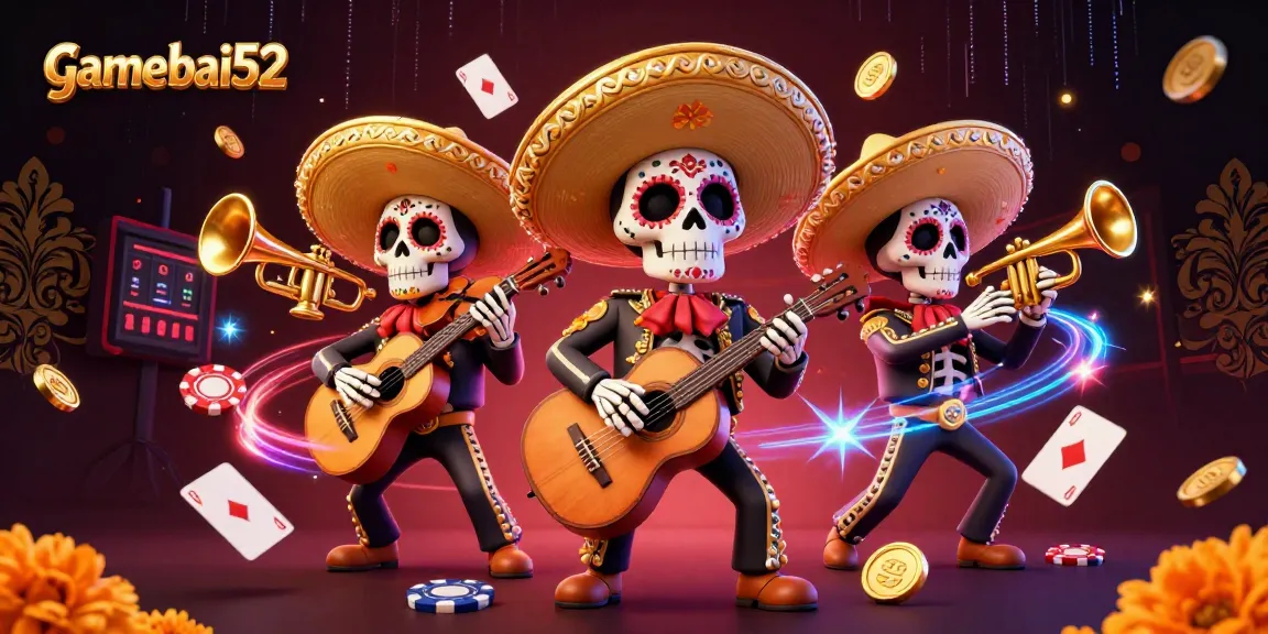 Experience vibrant excitement with gamebai52 as animated mariachi skeletons celebrate casino gaming.