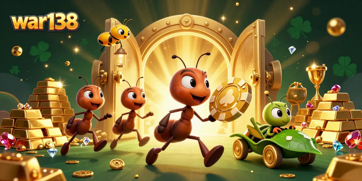 Experience the excitement of war138 with ants heisting a golden poker chip in a thrilling casino scene.