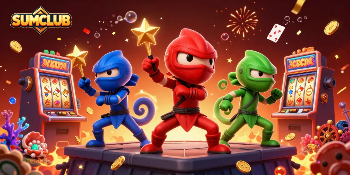 Join the SUMCLUB team in an exciting 3D illustration showcasing thrilling slot action and vibrant casino elements.