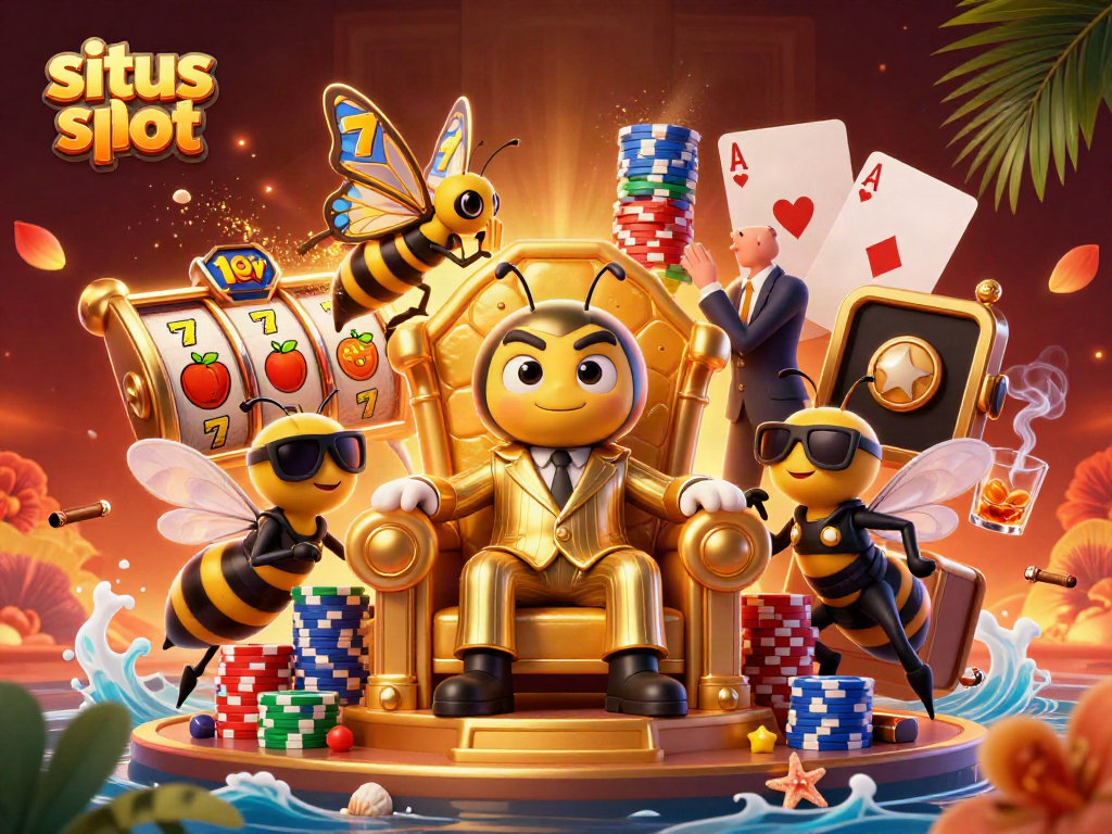 Engage with situs slot in a vibrant 3D illustrated casino scene featuring a bumblebee mob boss.