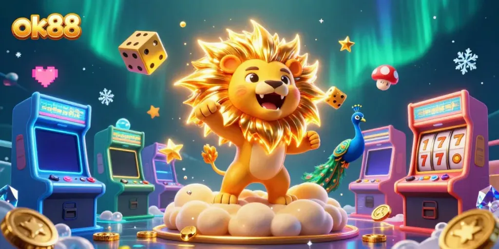 Engage with ok88's vibrant 3D casino illustration showcasing a roaring lion amidst gambling elements.